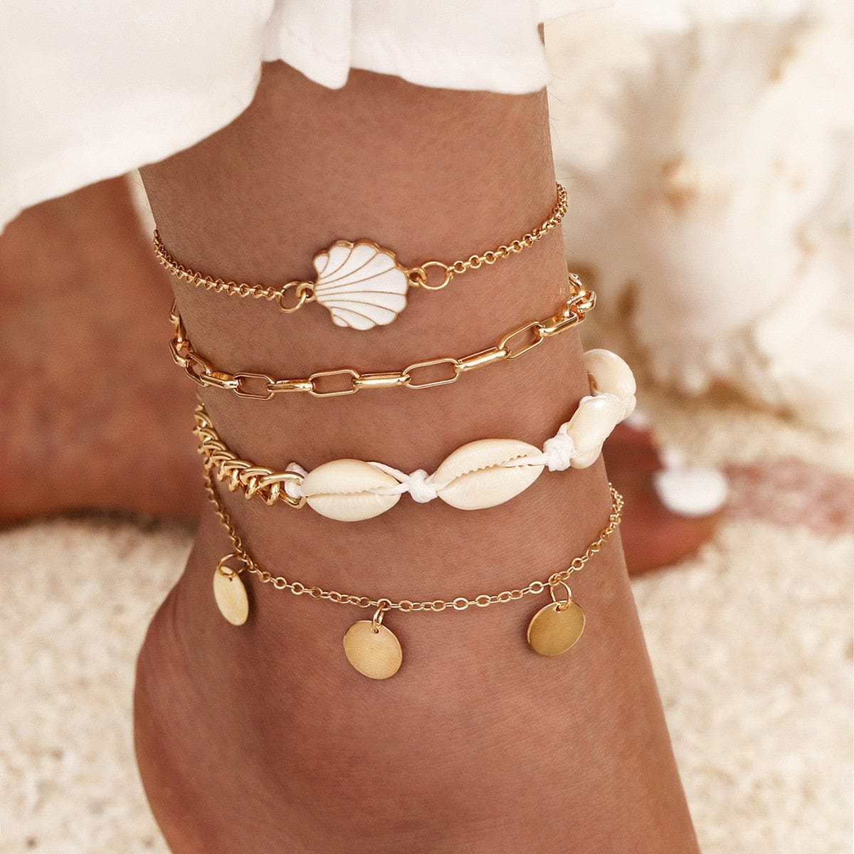 Ibiza Boho 0 4pc/set Bohemia Shell Chain Anklet Sets For Women Sequins Ankle Bracelet On Leg Foot Trendy Summer Beach Jewelry Gift