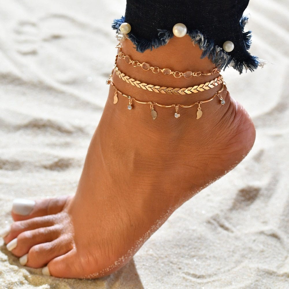 Ibiza Boho 0 4pc/set Bohemia Shell Chain Anklet Sets For Women Sequins Ankle Bracelet On Leg Foot Trendy Summer Beach Jewelry Gift