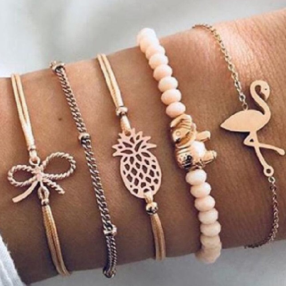 Ibiza Boho 0 5pcs/set Women Pink beads chains Bracelet & Bangle bowknot Elephant Pineapple Flamingo Charm Boho Jewelry Gift