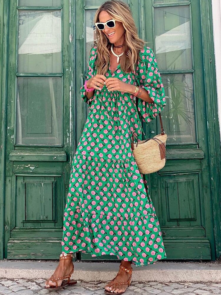 Ibiza Boho Boheemse Groene Maxi Jurk Met Feestelijke Print Long-sleeve