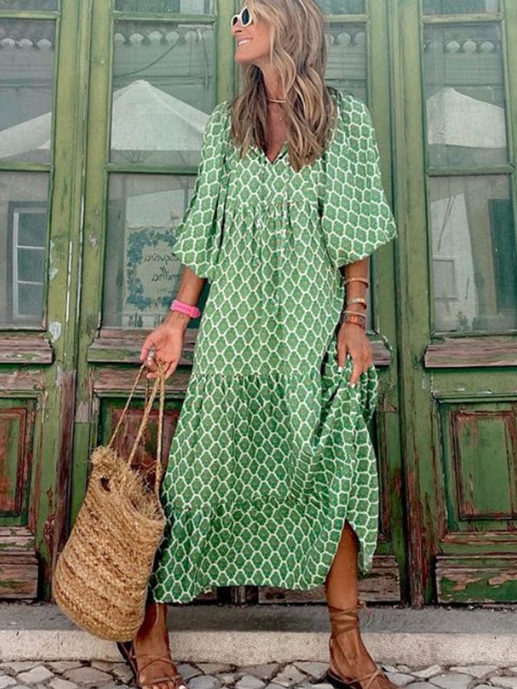 Ibiza Boho S Boheemse Maxi Jurk Met Feestelijke Print Long-sleeve Lichtgroen