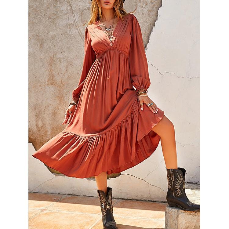 Ibiza Boho Boheemse Terracotta Midi-jurk met Ruches