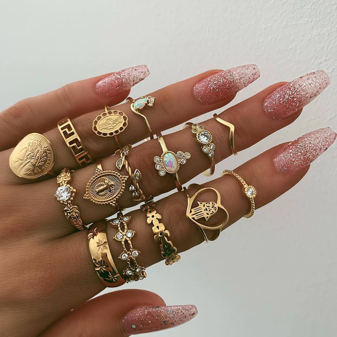 Ibiza Boho 0 Bohemia Rose Flower Finger Rings Set For Women Crystal Geometric Knuckle Chain Ring Female Fashion Jewelry