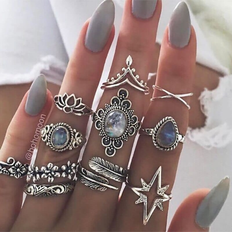 Ibiza Boho 0 Bohemia Rose Flower Finger Rings Set For Women Crystal Geometric Knuckle Chain Ring Female Fashion Jewelry