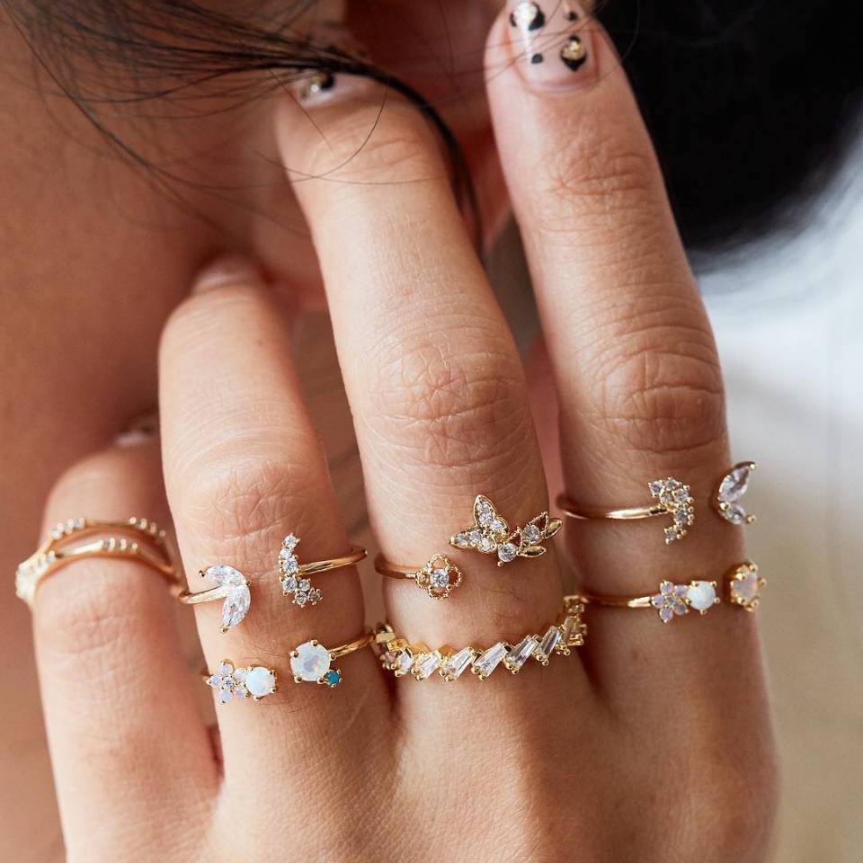 Ibiza Boho 0 Bohemia Rose Flower Finger Rings Set For Women Crystal Geometric Knuckle Chain Ring Female Fashion Jewelry