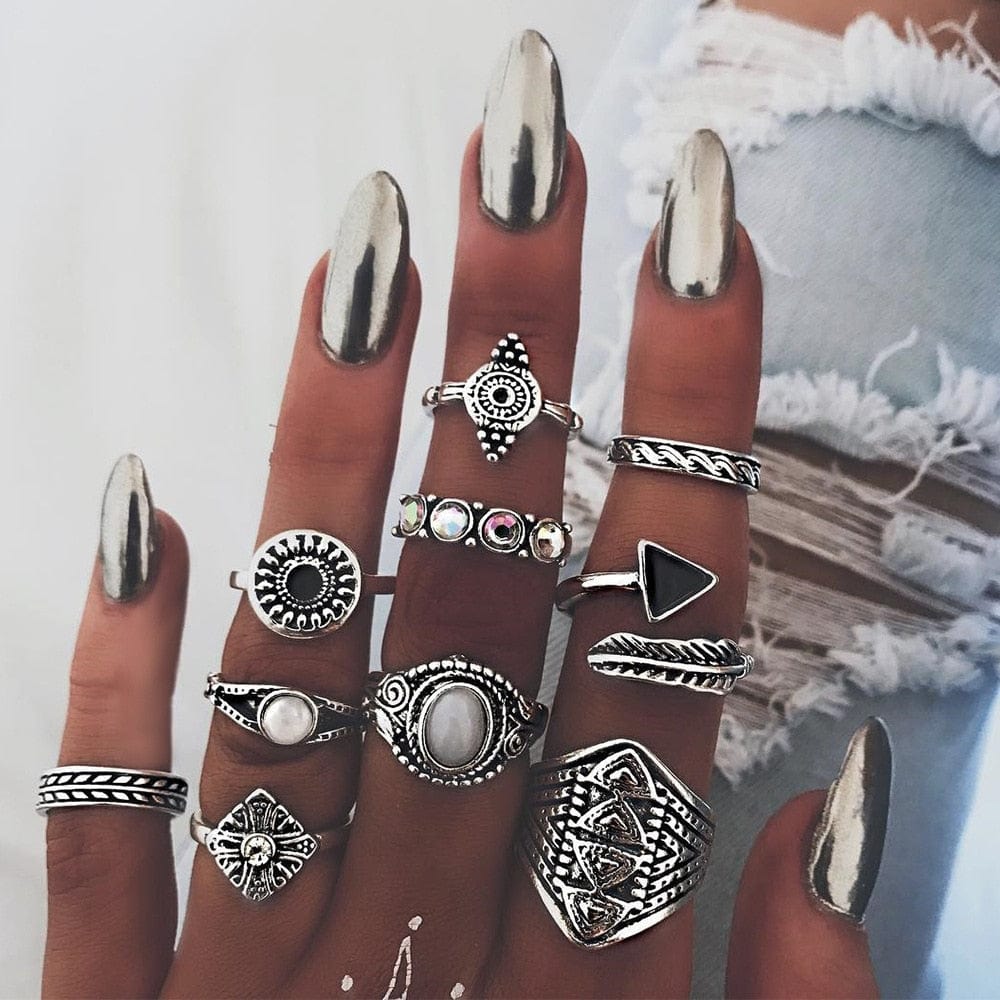 Ibiza Boho 0 Bohemia Rose Flower Finger Rings Set For Women Crystal Geometric Knuckle Chain Ring Female Fashion Jewelry
