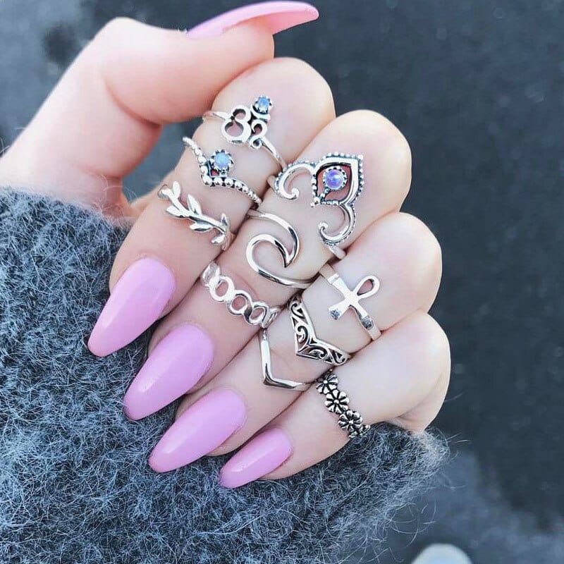 Ibiza Boho 0 Bohemia Rose Flower Finger Rings Set For Women Crystal Geometric Knuckle Chain Ring Female Fashion Jewelry