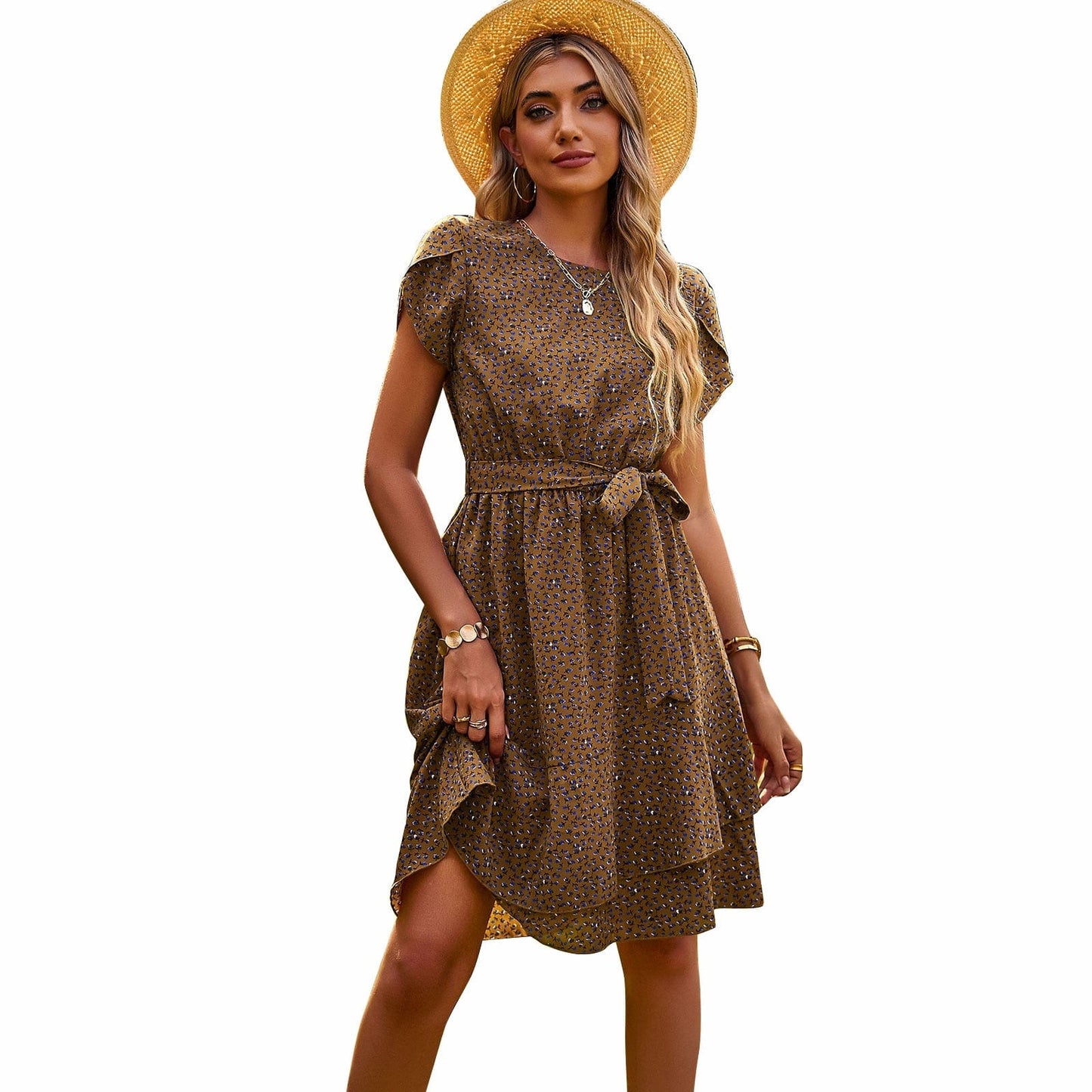 Ibiza Boho 0 Elegant Round-neck Temperament Casual Dress Summer Seaside Holiday Print Skirt Strapping Waist Women's Dress 2023