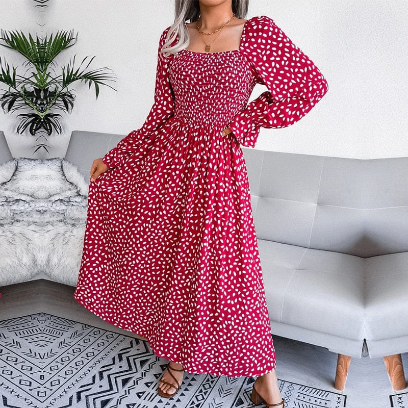 Ibiza Boho 0 Red / S Elegant Square Neck Full Sleeve A Line Pleated Printed Long Dress Women's Fall Winter Chic Dresses