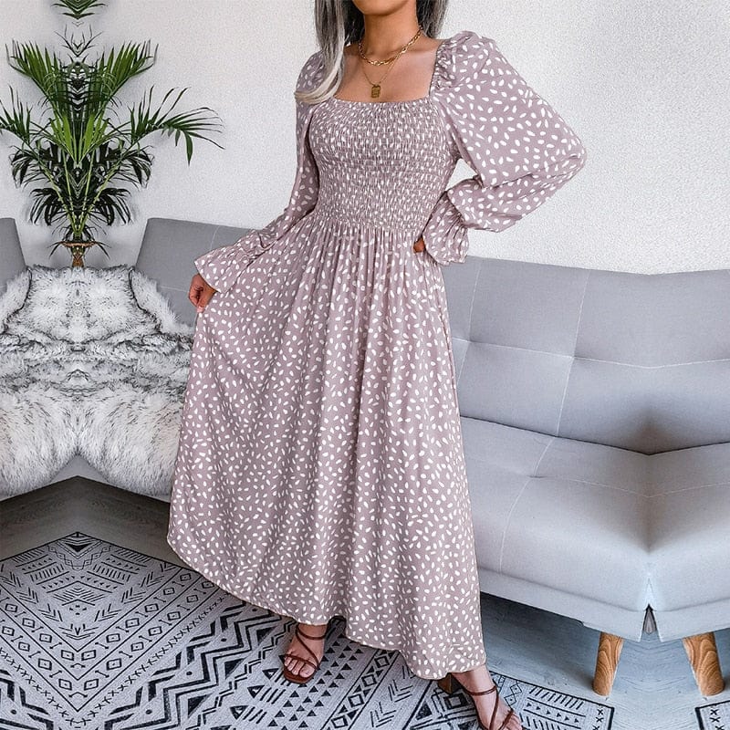 Ibiza Boho 0 Lotus root color / S Elegant Square Neck Full Sleeve A Line Pleated Printed Long Dress Women's Fall Winter Chic Dresses