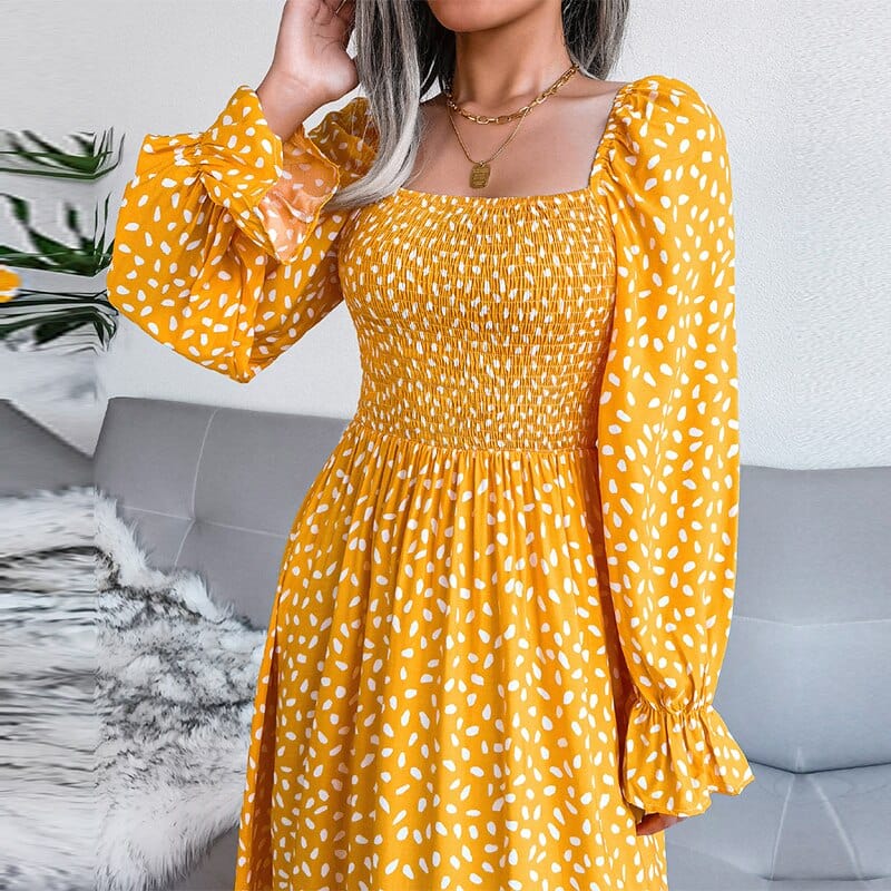 Ibiza Boho Elegante Gele Long Sleeve Maxi Jurk Met Boheemse Print