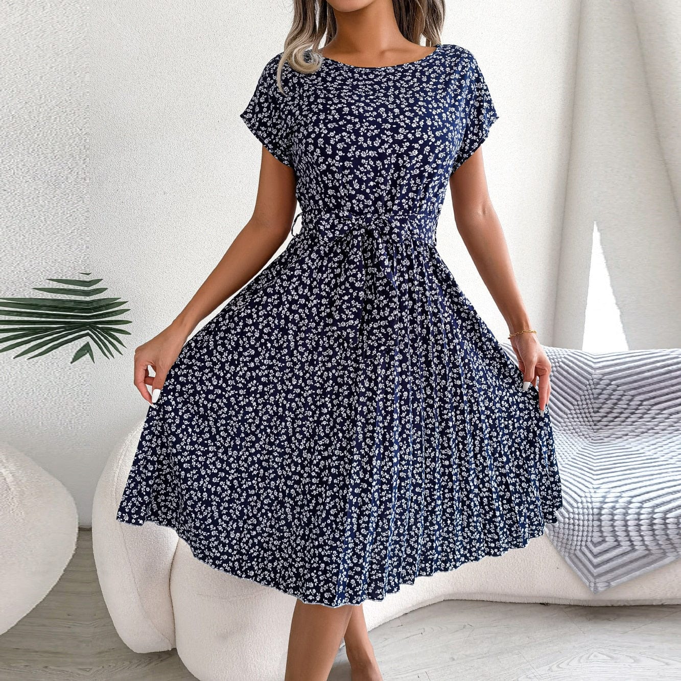 Ibiza Boho 0 Ficusrong Fashion Floral Pleated A Line Long Dress Women Spring Summer Short Sleeve High Waist Chic Dress