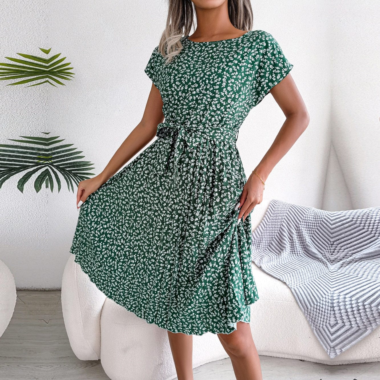 Ibiza Boho 0 Ficusrong Fashion Floral Pleated A Line Long Dress Women Spring Summer Short Sleeve High Waist Chic Dress