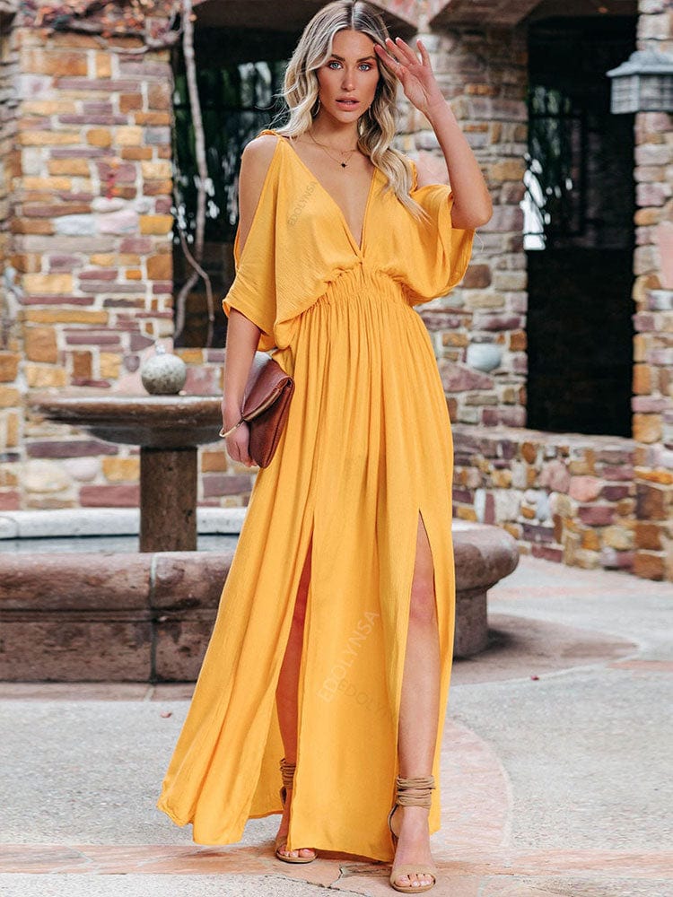 Ibiza Boho S Gele Feestelijke Boheemse Jurk Met V-hals En Off-shoulder