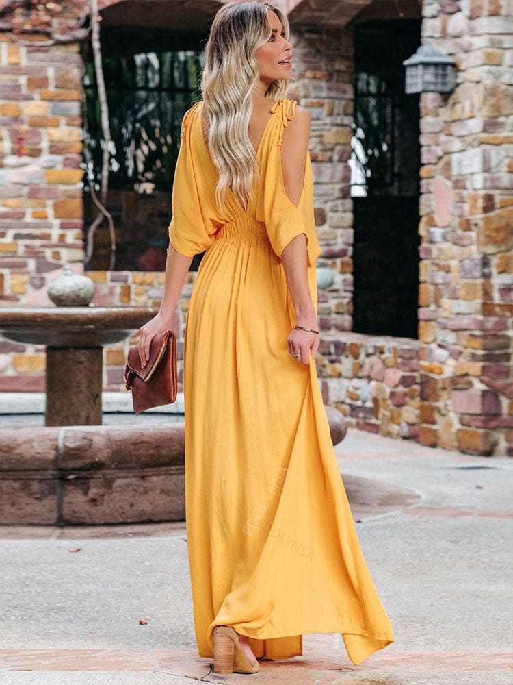 Ibiza Boho Gele Feestelijke Boheemse Jurk Met V-hals En Off-shoulder