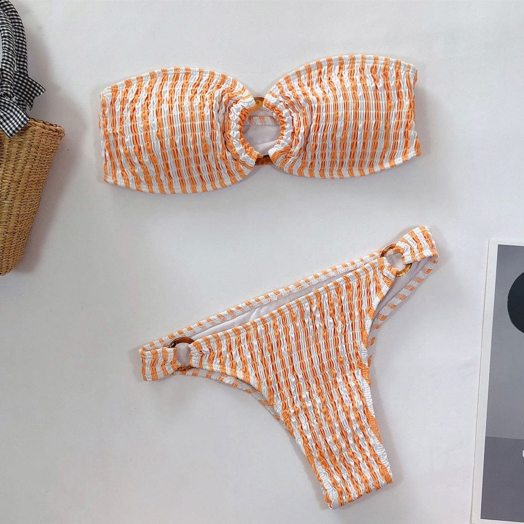 Ibiza Boho Gestreepte Bandeau Bikini met Ring