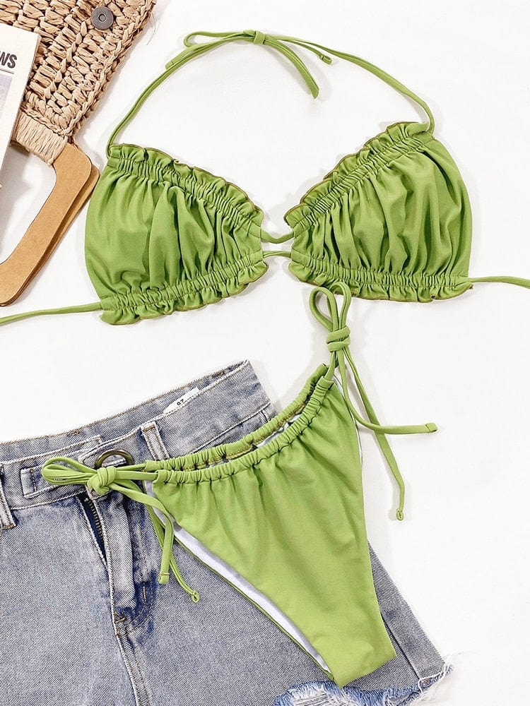 Ibiza Boho Groene Boho Bikini met Ruches en Kraagjes