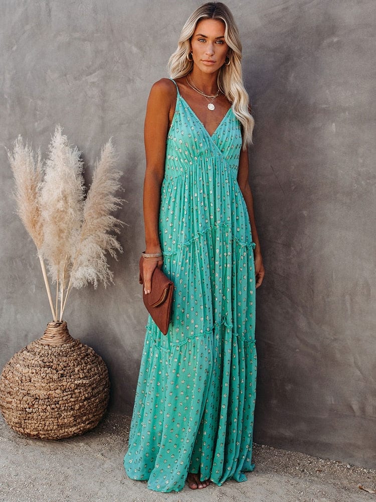Ibiza Boho S Groene Maxi Jurk Met V-hals En Zomers Ibiza Printje