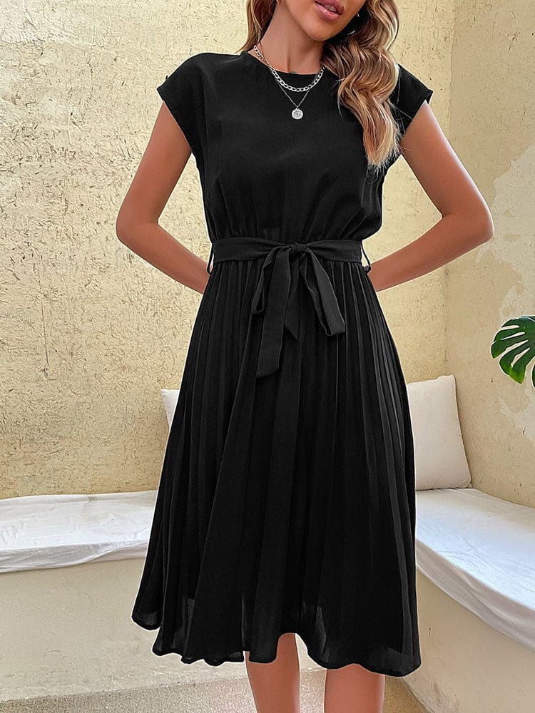 Ibiza Boho 0 Black / S JIM & NORA Elegant Women Summer Casual Beach Sundress Short Sleeve Pleated Midi Dress Soild Colour O Neck Tunic Dresses Fashion