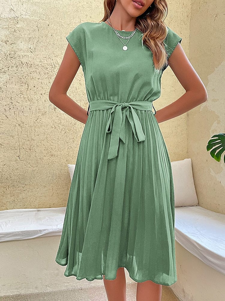 Ibiza Boho 0 Mint Green / S JIM & NORA Elegant Women Summer Casual Beach Sundress Short Sleeve Pleated Midi Dress Soild Colour O Neck Tunic Dresses Fashion