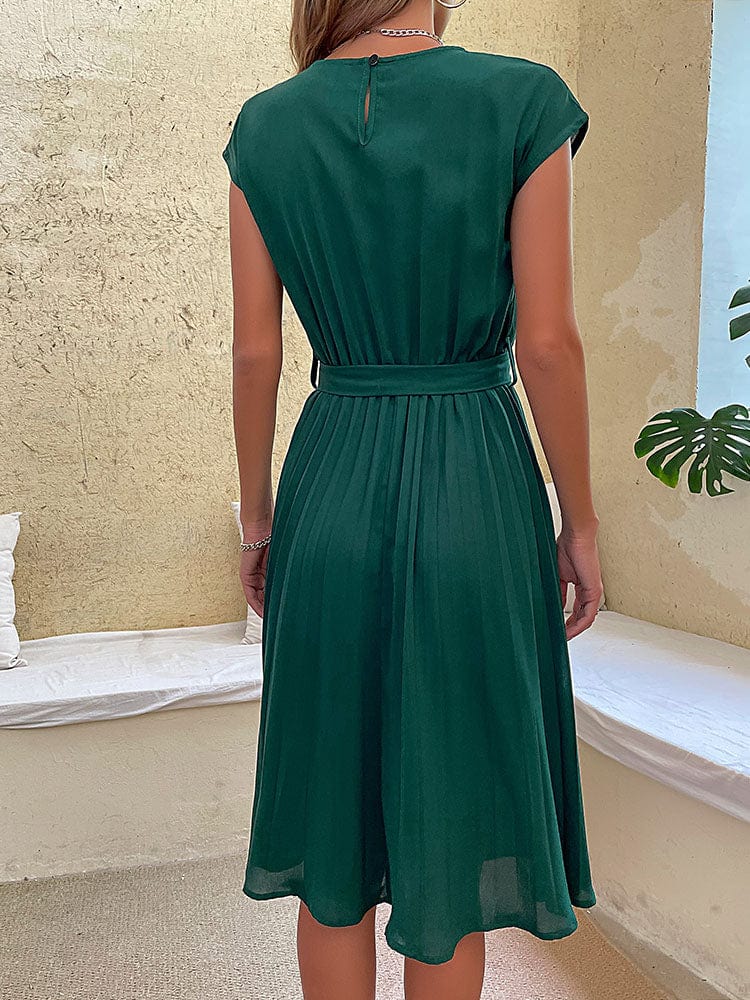 Ibiza Boho 0 JIM & NORA Elegant Women Summer Casual Beach Sundress Short Sleeve Pleated Midi Dress Soild Colour O Neck Tunic Dresses Fashion
