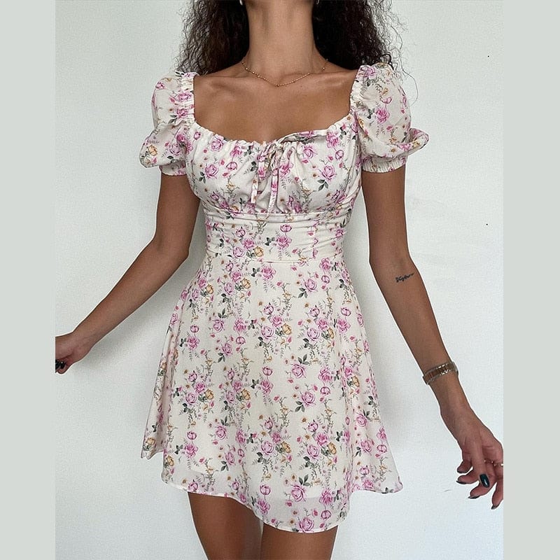 Ibiza Boho S Kort Beige Zomer Jurkje Met Boho Bloemenprint