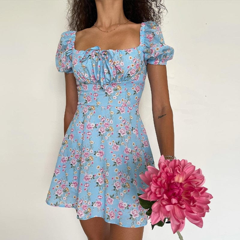 Ibiza Boho Kort Blauw Zomer Jurkje Met Boho Bloemenprint