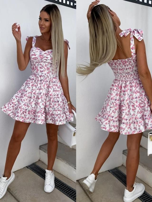 Ibiza Boho Kort Wit Jurkje Met Roze Bloementjes Print Boho Stijl