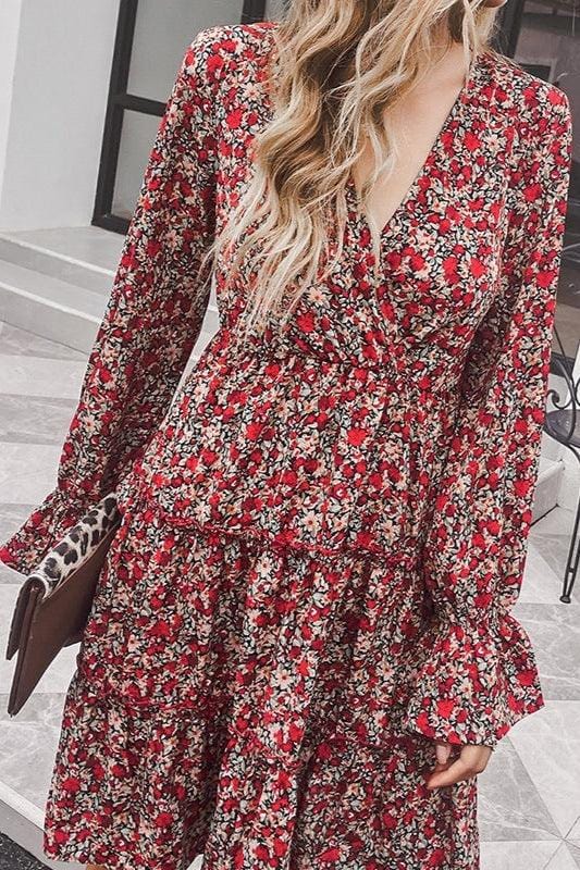 Ibiza Boho Korte Rode Jurk met Bloemenprint en Lange Mouwen