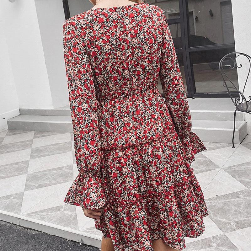 Ibiza Boho Korte Rode Jurk met Bloemenprint en Lange Mouwen