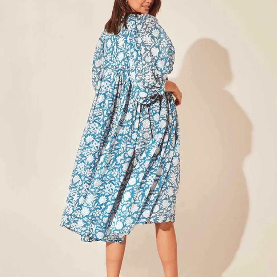 Ibiza Boho Long Sleeve Midi Blauwe Ibiza Bloemen Jurk