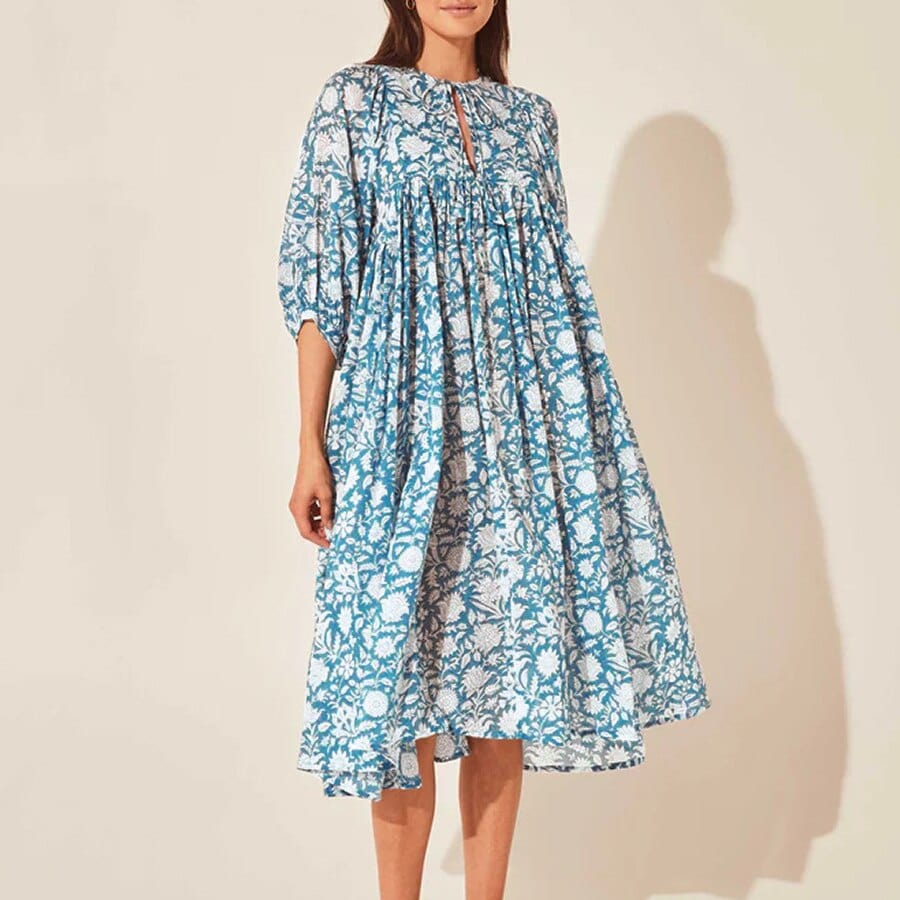 Ibiza Boho Long Sleeve Midi Blauwe Ibiza Bloemen Jurk