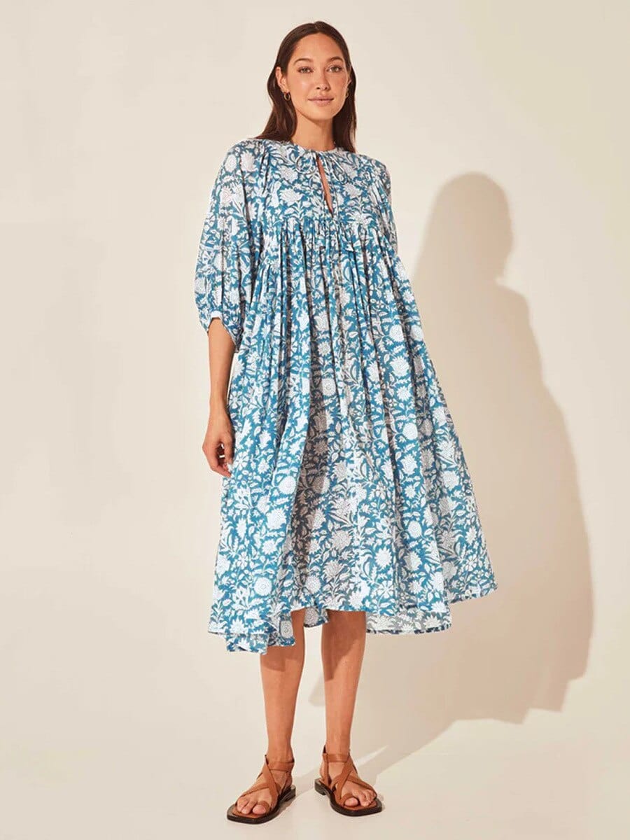 Ibiza Boho S Long Sleeve Midi Blauwe Ibiza Bloemen Jurk