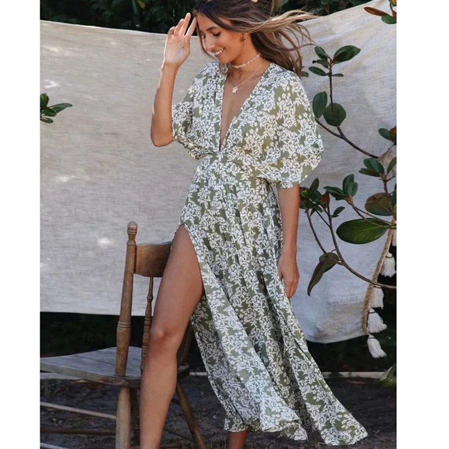 Ibiza Boho Maxi Groene Ibiza Jurk Met V-hals