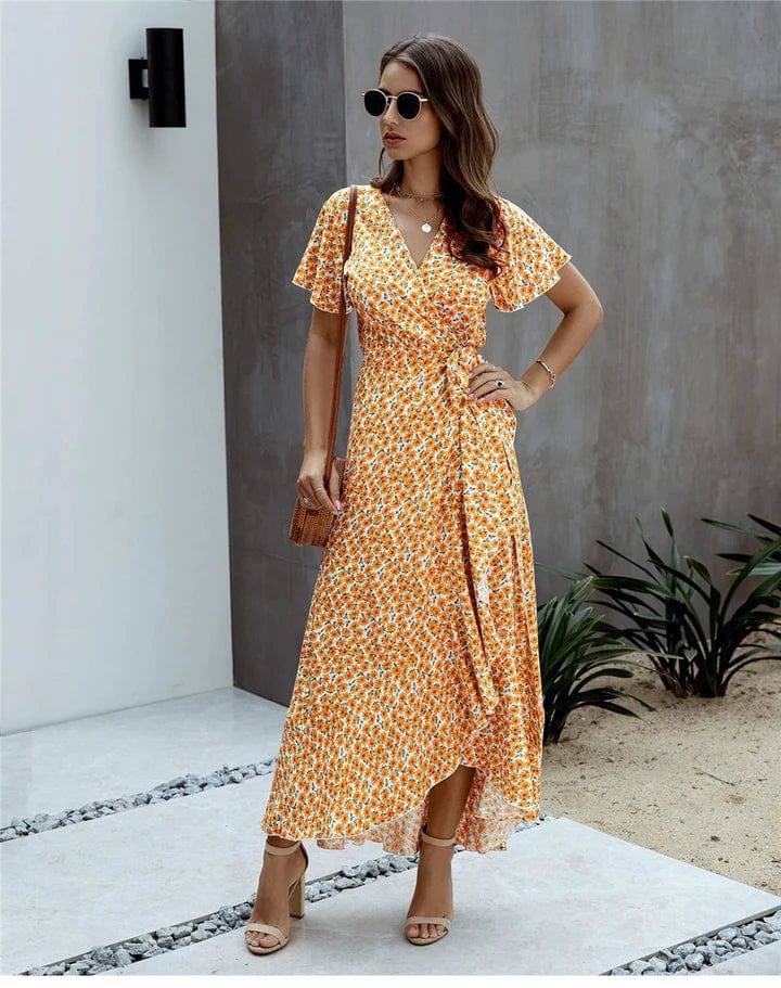 Ibiza Boho Midi Gele Bloemenprint Jurk