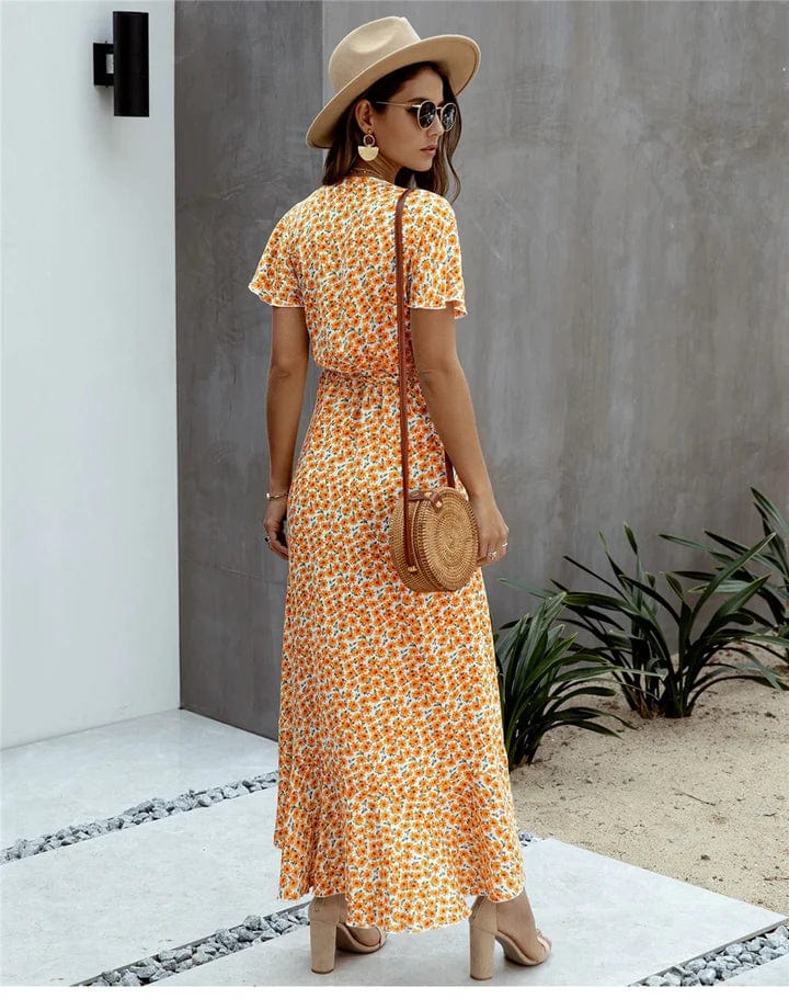 Ibiza Boho Midi Gele Bloemenprint Jurk