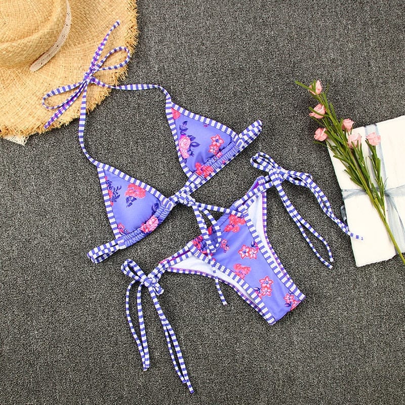 Ibiza Boho Paarse Bohemian Bikini met Roze Bloemenprint