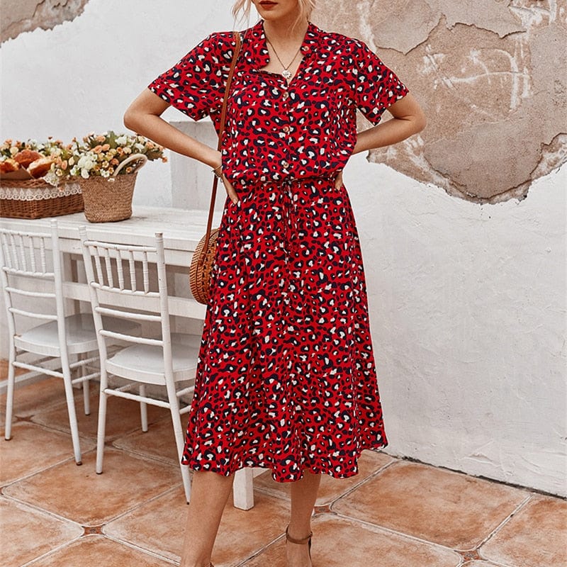 Ibiza Boho Rode Midi Jurk Met Luipaard Print En V-hals