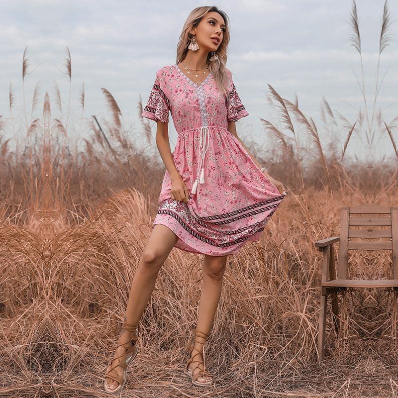 Ibiza Boho Roze Korte Bloemen Landjurk