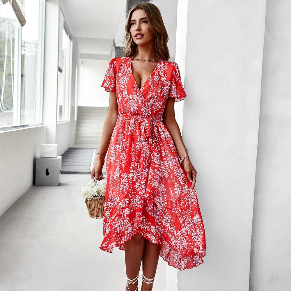 Ibiza Boho 0 Red / S Summer Casual Print Flower Dress Sexy V-neck Beach Dress Swing Skirt Tunic Slim Dress New Fashion Women Clothing 2023