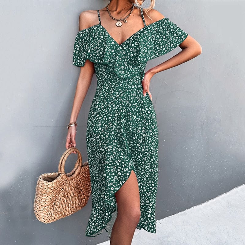 Ibiza Boho 0 WAYOFLOVE Ladies Spring Summer Sexy Straps Dress Women Green Off Shoulder Ruffles Casual Beach Dresses Female Floral Print Dress