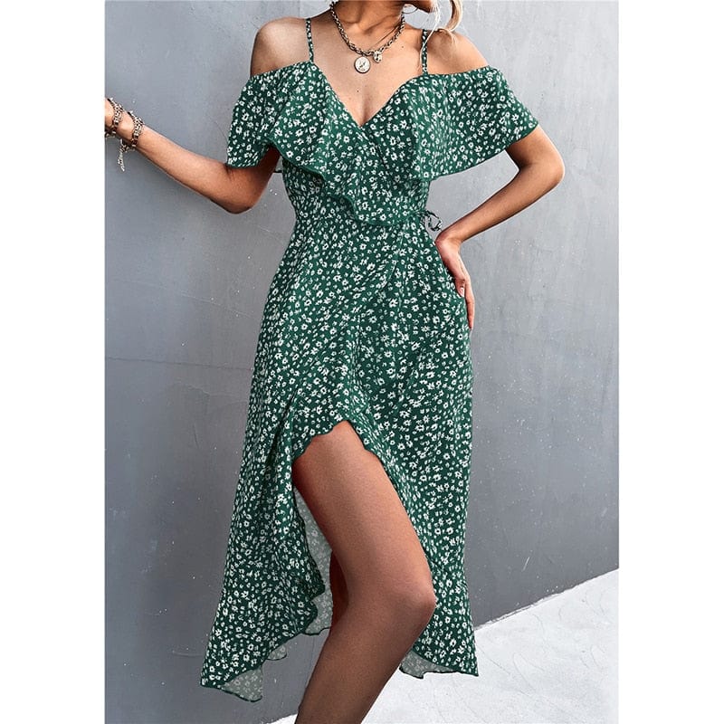 Ibiza Boho 0 WAYOFLOVE Ladies Spring Summer Sexy Straps Dress Women Green Off Shoulder Ruffles Casual Beach Dresses Female Floral Print Dress