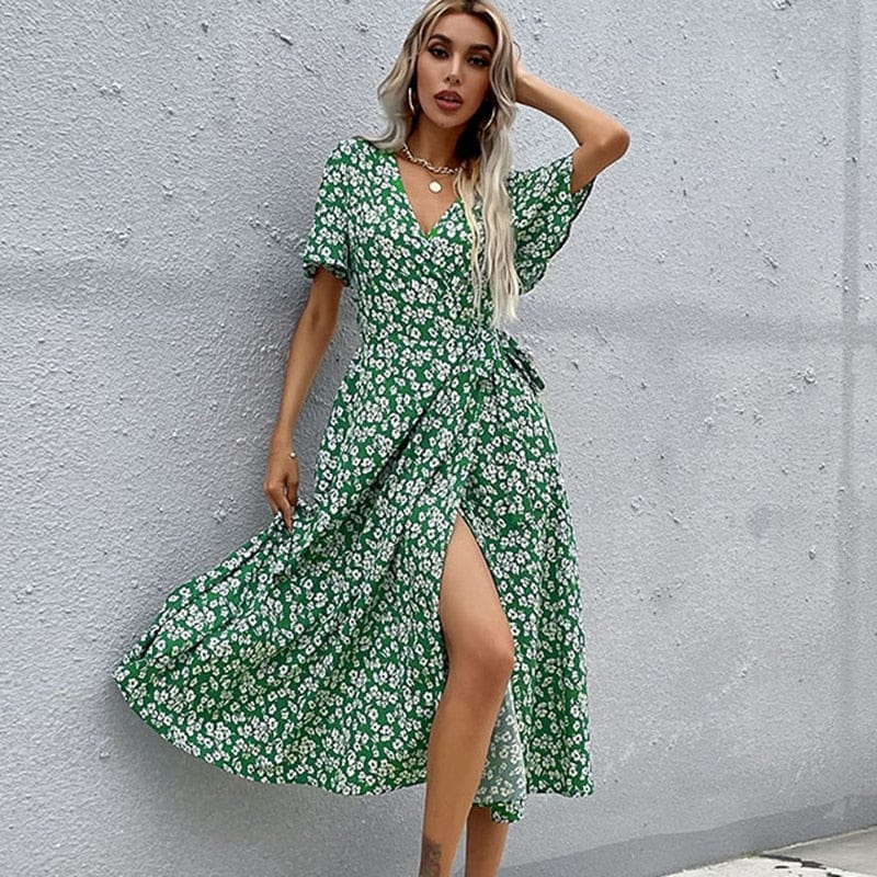 Ibiza Boho 0 Green / S WAYOFLOVE Spring Summer Casual Holiday Woman Long Dress Beach Slim Elegant V Neck Office Lady Vestido Party Green Floral Dresses