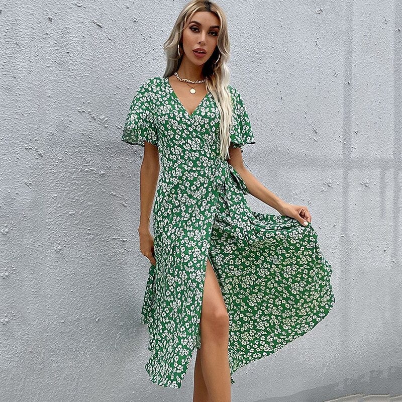 Ibiza Boho 0 WAYOFLOVE Spring Summer Casual Holiday Woman Long Dress Beach Slim Elegant V Neck Office Lady Vestido Party Green Floral Dresses