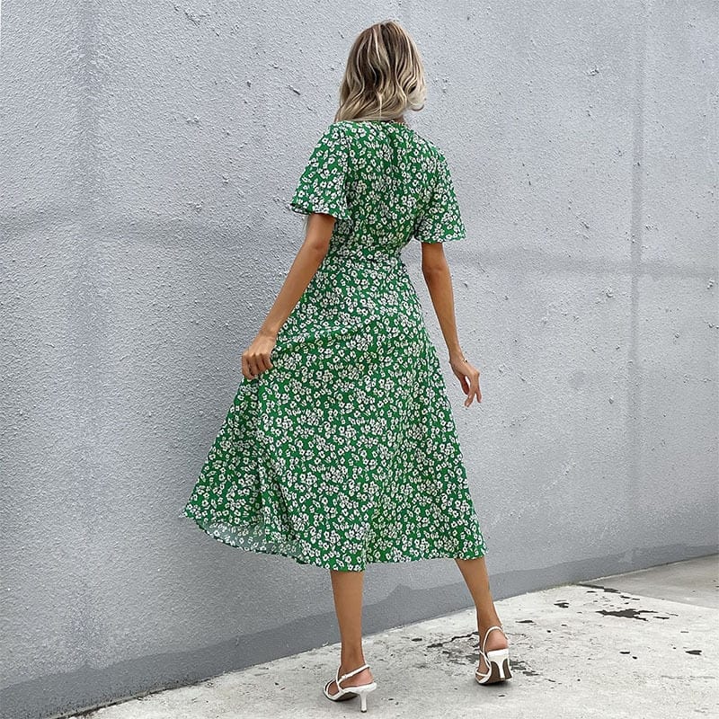 Ibiza Boho 0 WAYOFLOVE Spring Summer Casual Holiday Woman Long Dress Beach Slim Elegant V Neck Office Lady Vestido Party Green Floral Dresses