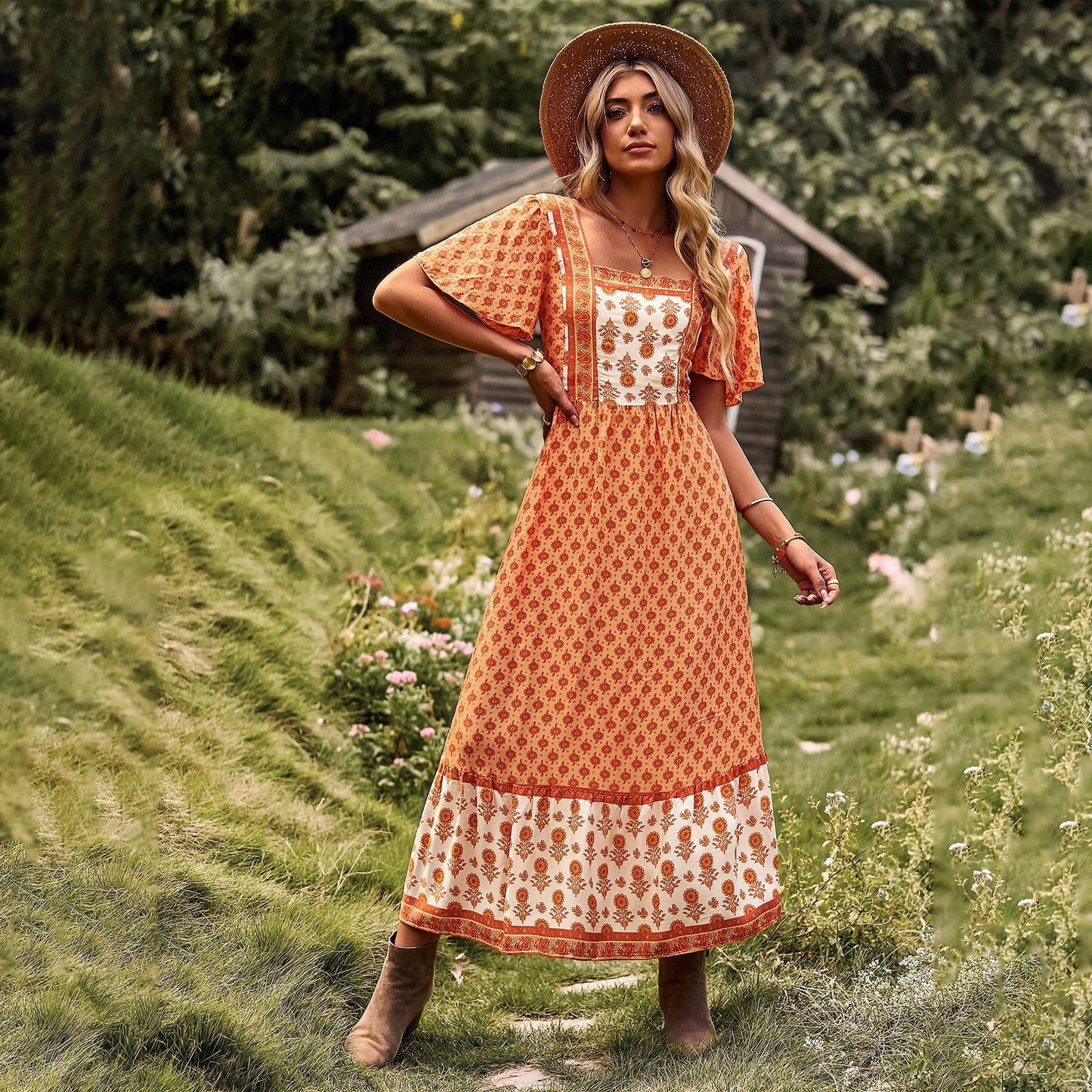 Ibiza Boho 0 Orange / S WildPinky 2023 Boho Women Beach Dress Summer Square Collar Short Sleeve Maxi Dress Female Retro Holiday A-line Long Print Dress