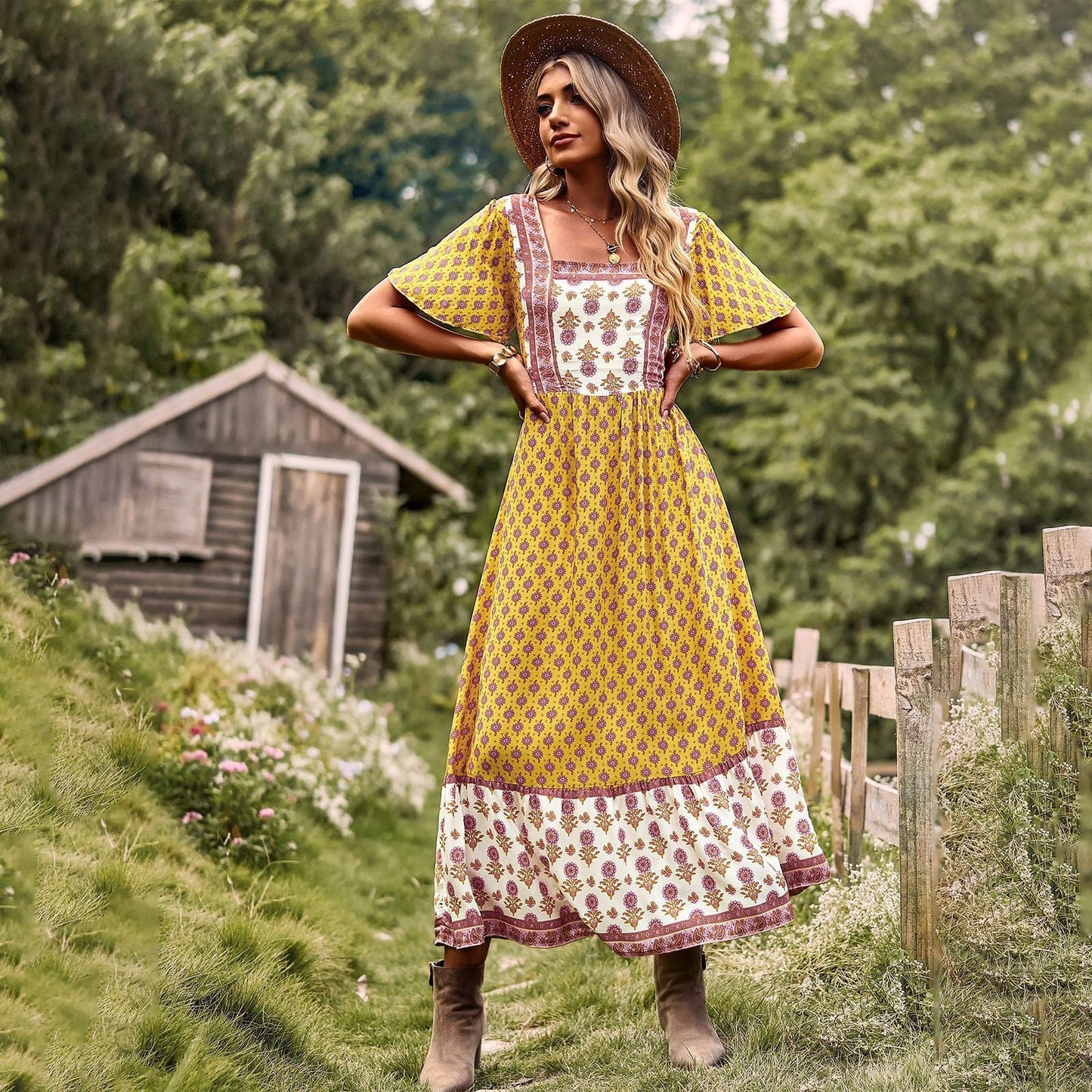 Ibiza Boho 0 Yellow / S WildPinky 2023 Boho Women Beach Dress Summer Square Collar Short Sleeve Maxi Dress Female Retro Holiday A-line Long Print Dress