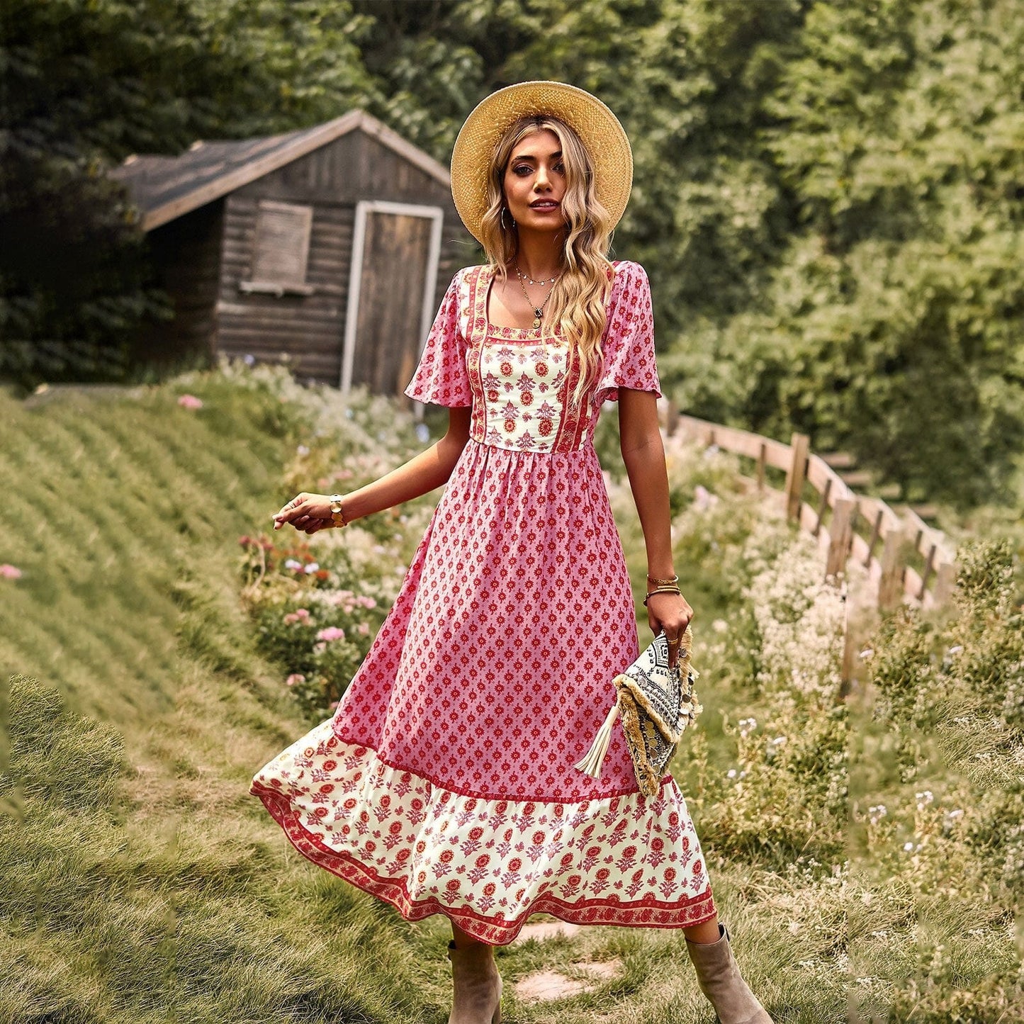 Ibiza Boho 0 Pink / S WildPinky 2023 Boho Women Beach Dress Summer Square Collar Short Sleeve Maxi Dress Female Retro Holiday A-line Long Print Dress