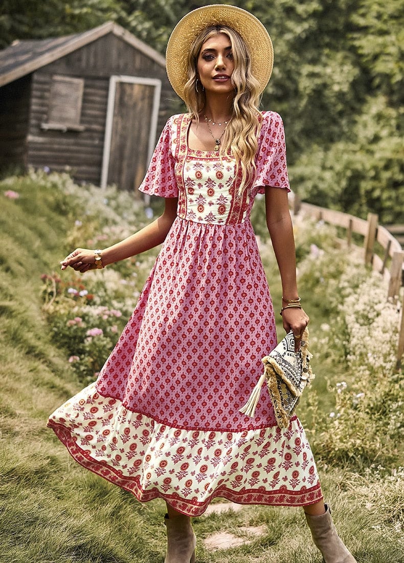 Ibiza Boho 0 WildPinky 2023 Boho Women Beach Dress Summer Square Collar Short Sleeve Maxi Dress Female Retro Holiday A-line Long Print Dress