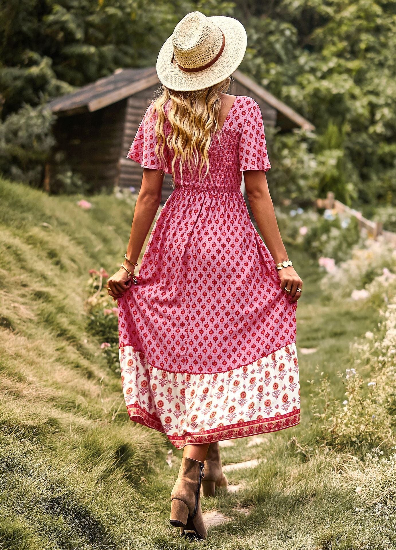 Ibiza Boho 0 WildPinky 2023 Boho Women Beach Dress Summer Square Collar Short Sleeve Maxi Dress Female Retro Holiday A-line Long Print Dress